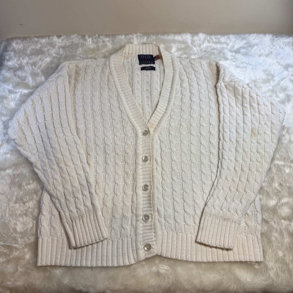Old Glory Mens Cream Cable Knit Cardigan Sweater 100% Cotton Made in USA Large‎